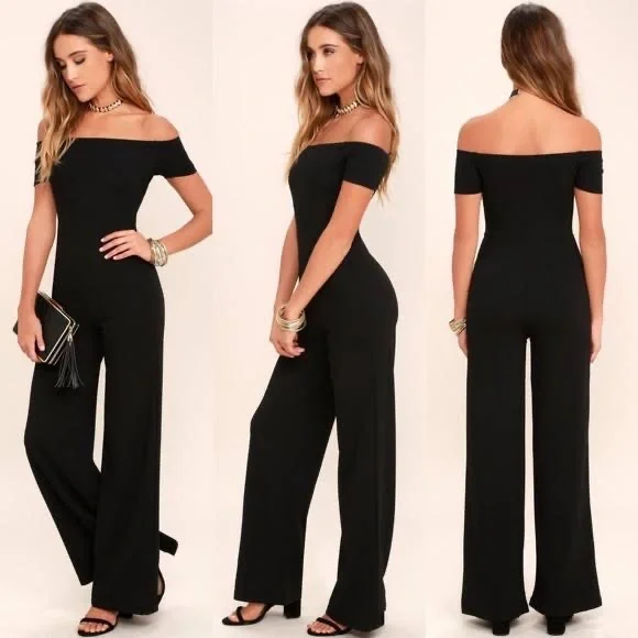 Lulus off shoulder black jumpsuit - Picture 1 of 6